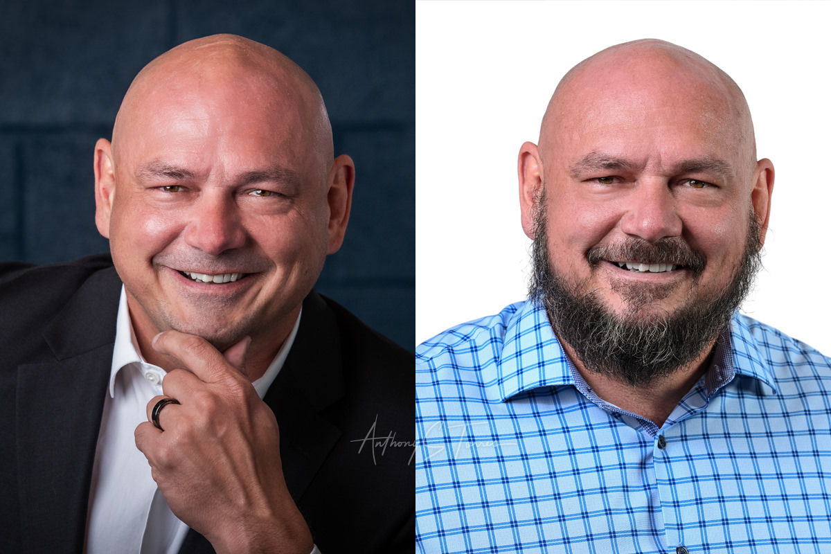Same person, two headshots — before and after growing a beard