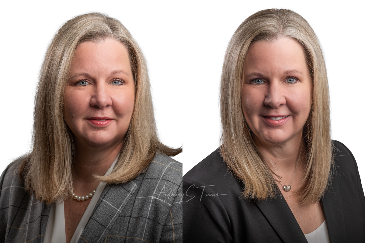 Same person, two headshots — before and after a significant weight loss