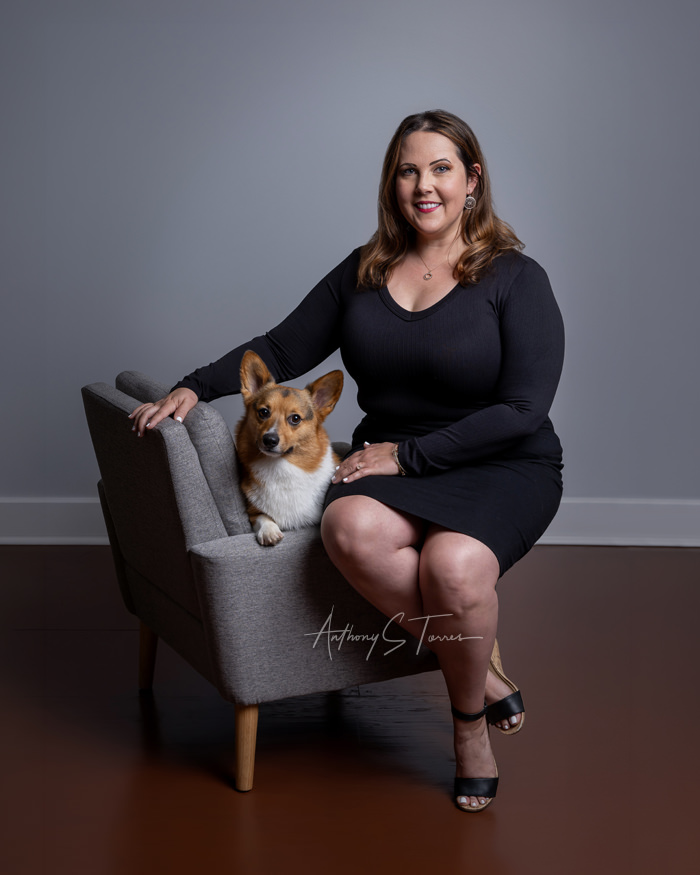 Personal branding session, business owner with her Corgi mascot, studio portrait, Wake Forest NC
